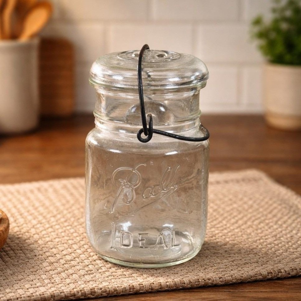 Vintage Ball Ideal Mason Jar Clear Glass Wire Bail Lid 5 Inch